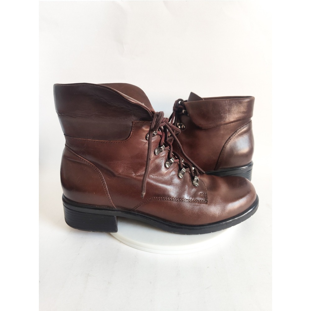 Vintage Womens Ankle Boots 10 Leather Lace Up Combat Foldover Brown Whimsigoth